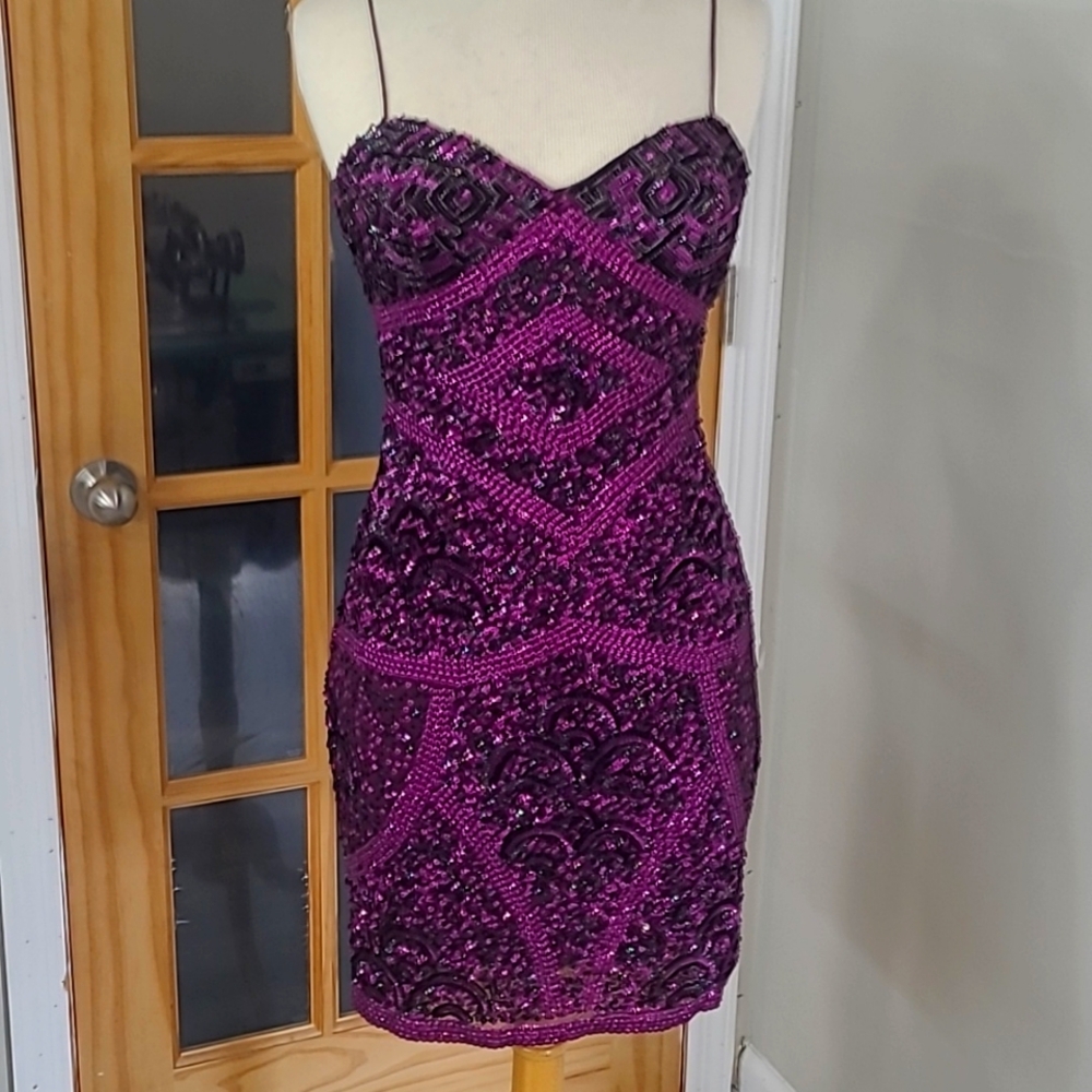 Mini dress sequins ,purple color, size 6,strapless, brand Aidan Matt